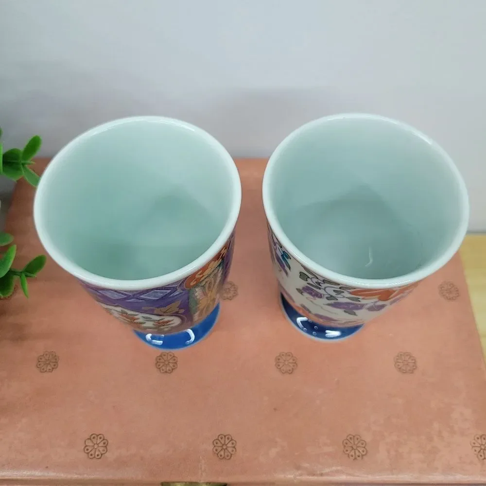 Pair Japanese Vintage Arita Porcelain Footed Tea Cups